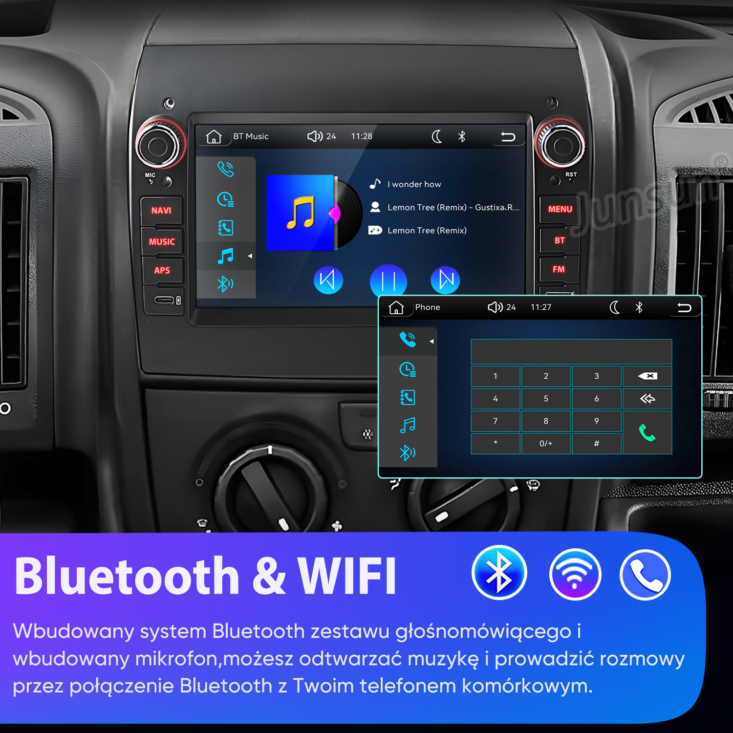 Radio samochodowe z Bluetooth, ekranem dotykowym i funkcją połączeń w desce rozdzielczej.