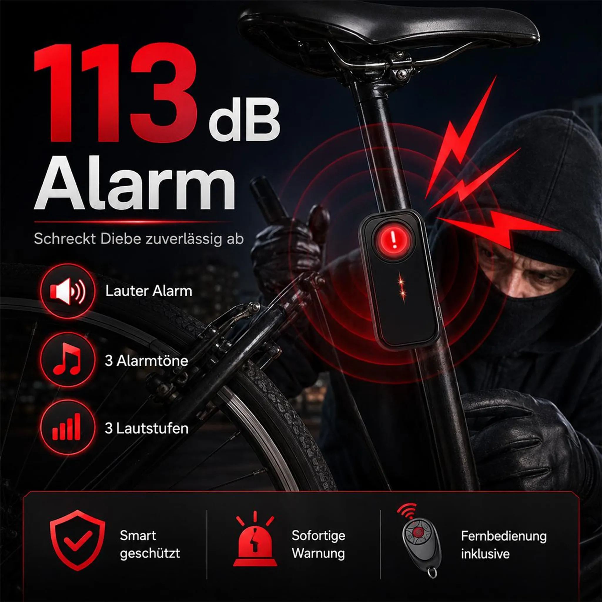 Ein 113 dB Fahrradalarm wird am Rahmen montiert, während ein Dieb im Hintergrund versucht, das Fahrrad zu stehlen.