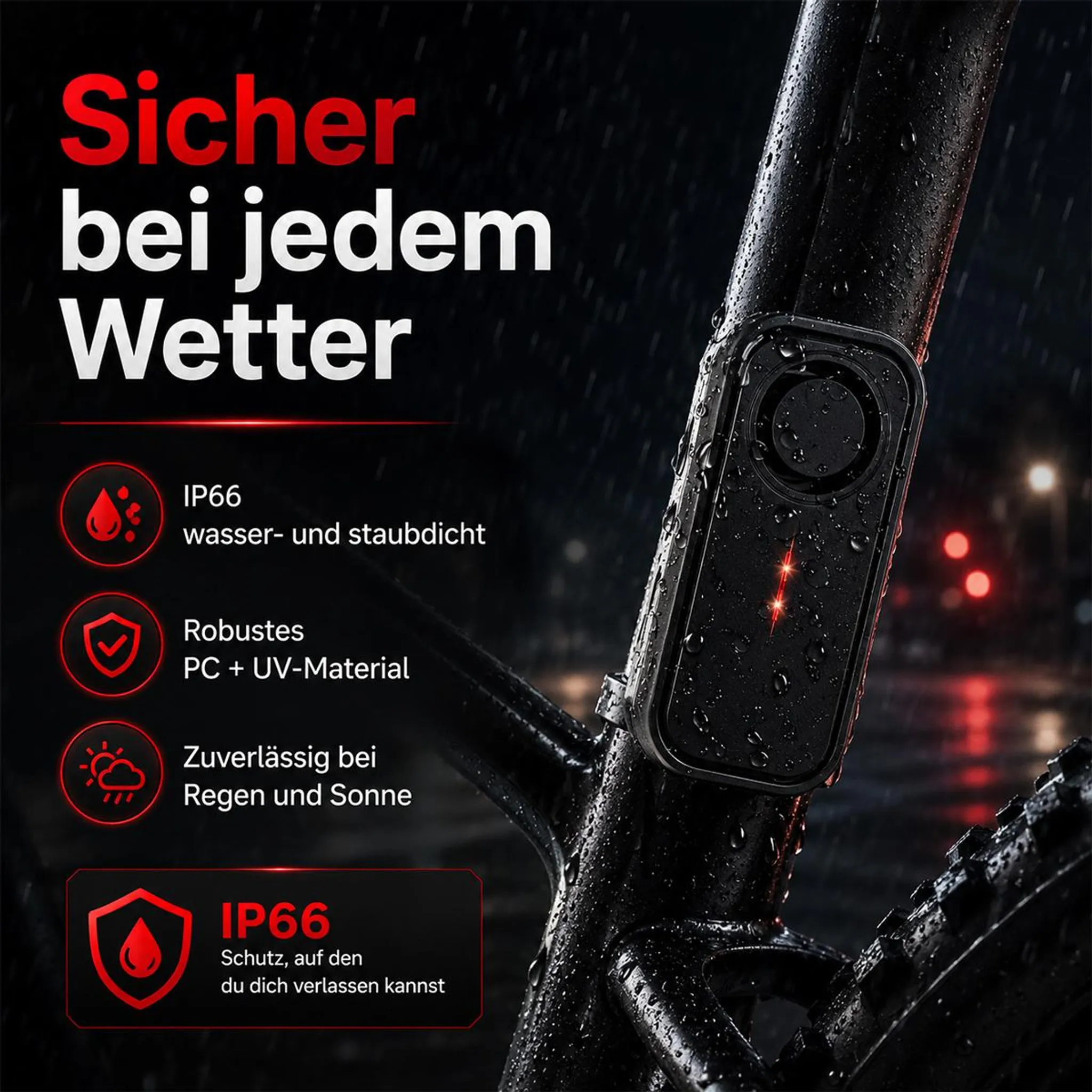 Wasserdichtes, robustes Fahrradzubehör am nassen Rahmen im Regen, mit Text und Symbolen.