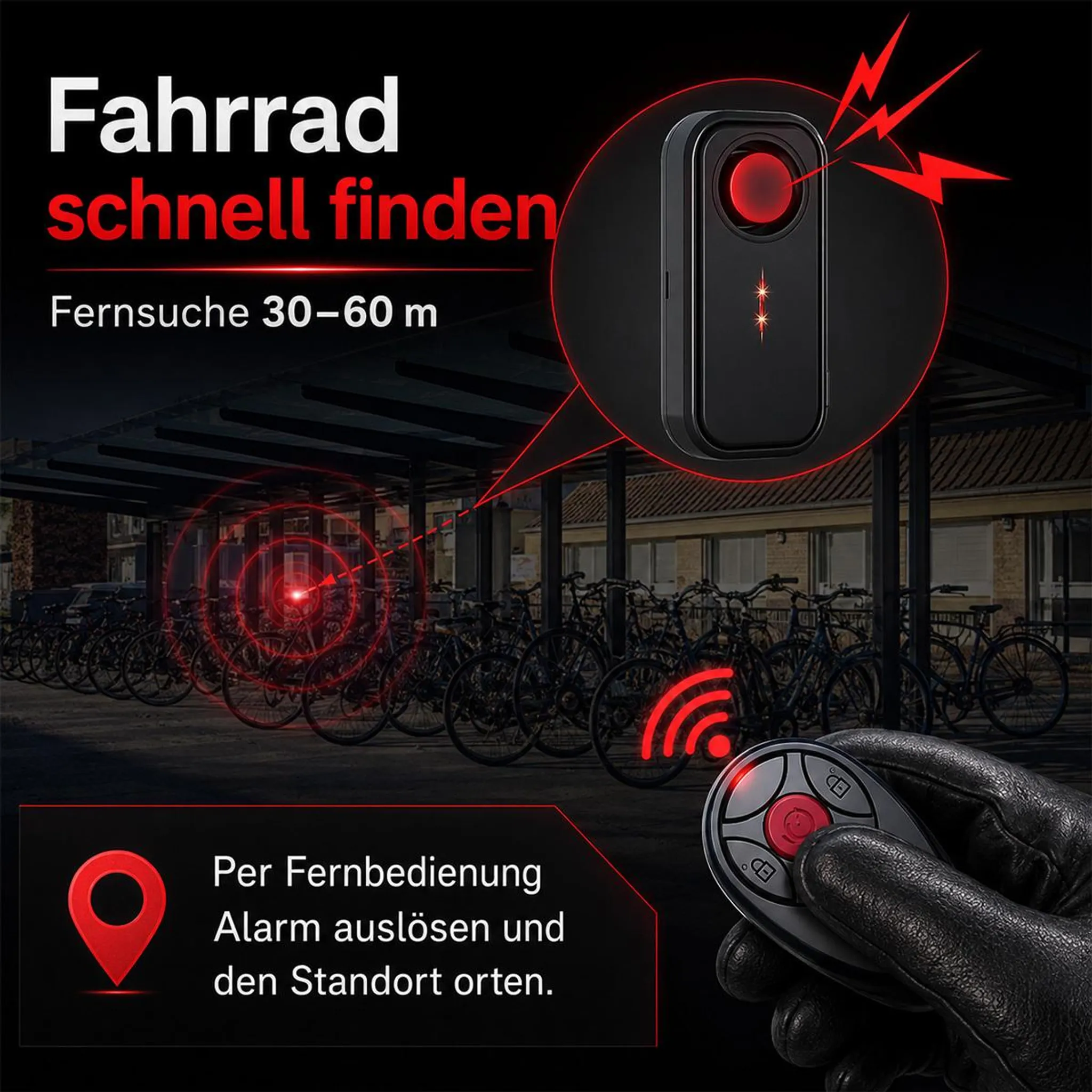 Ein schwarzes Anti-Diebstahl-Gerät für Fahrräder mit Fernbedienung und roter Leuchtanzeige vor einem Fahrradständer.