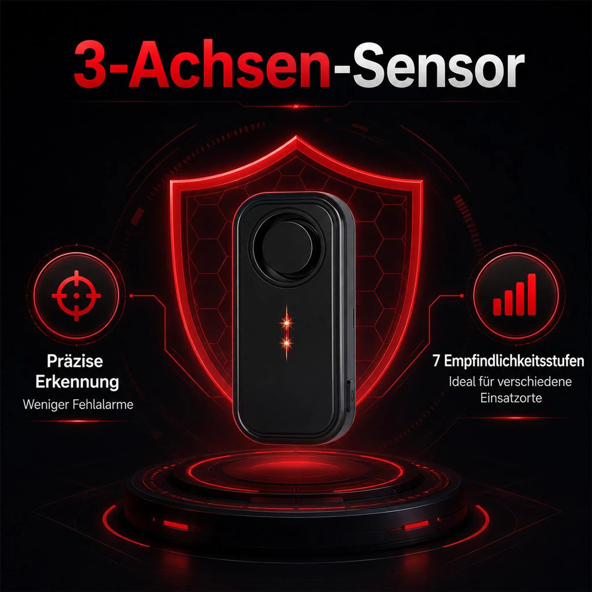 Ein schwarzer 3-Achsen-Sensor mit roten Akzenten schwebt vor einer roten Schildgrafik.