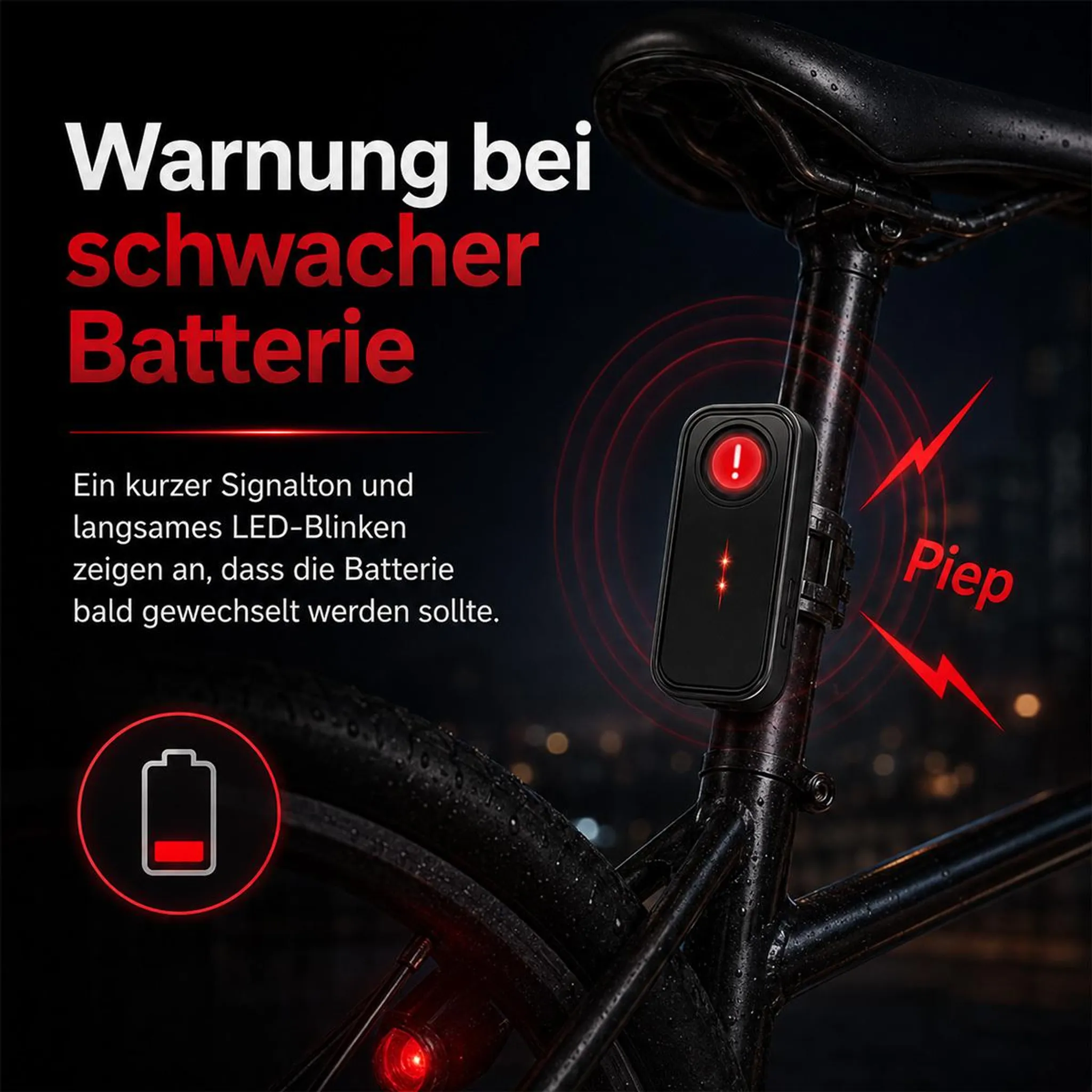 Fahrradlicht an einer Sattelstütze mit rotem Warnlicht und Text zur Warnung bei schwacher Batterie.