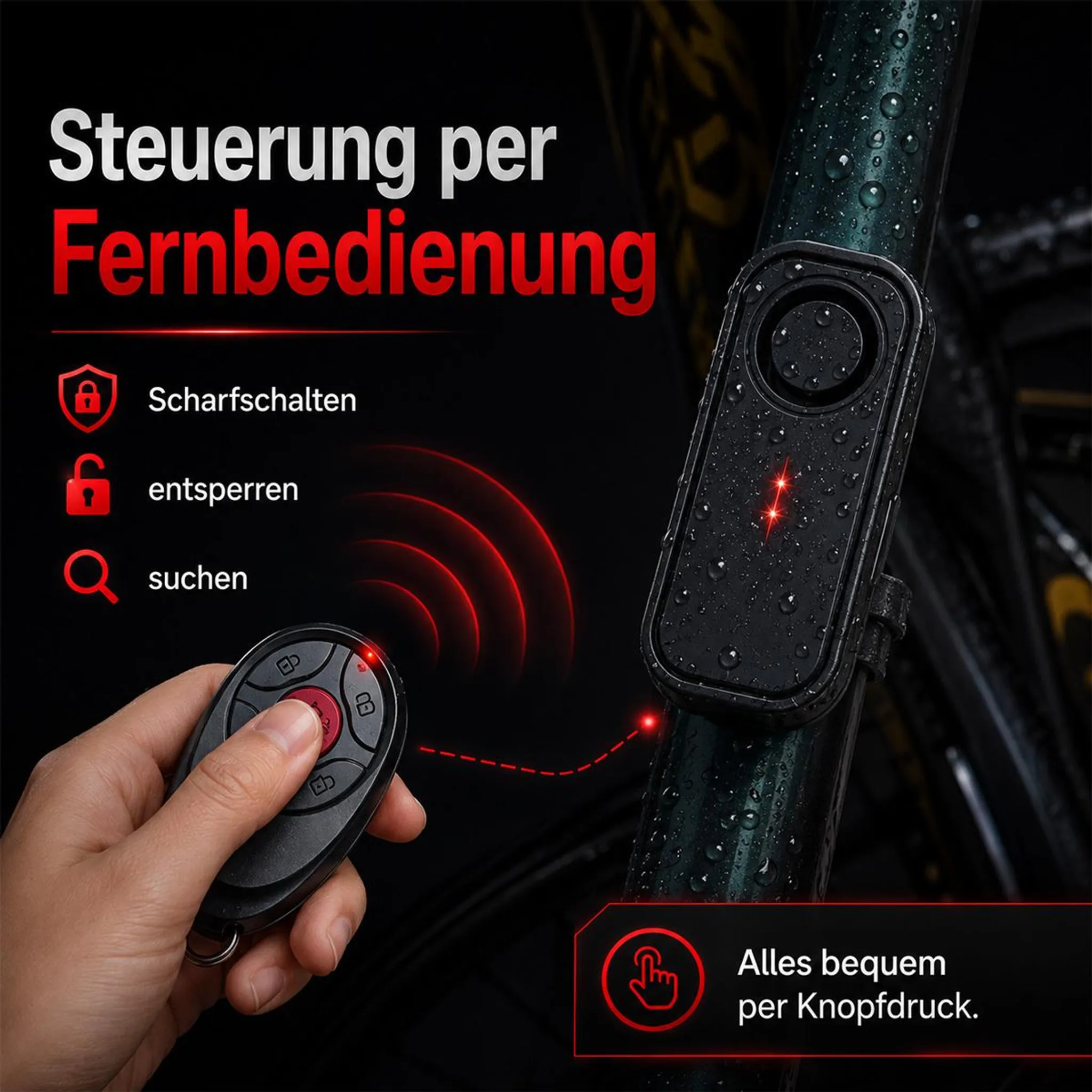 Hand hält Fernbedienung mit Funkwellen, die ein Fahrradalarm-Gerät am Rahmen aktivieren.