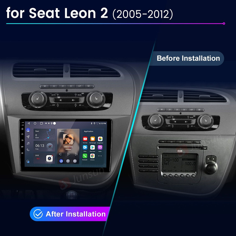 Vergleich des Seat Leon 2 Armaturenbretts vor und nach der Installation eines großen Touchscreen-Autoradios.