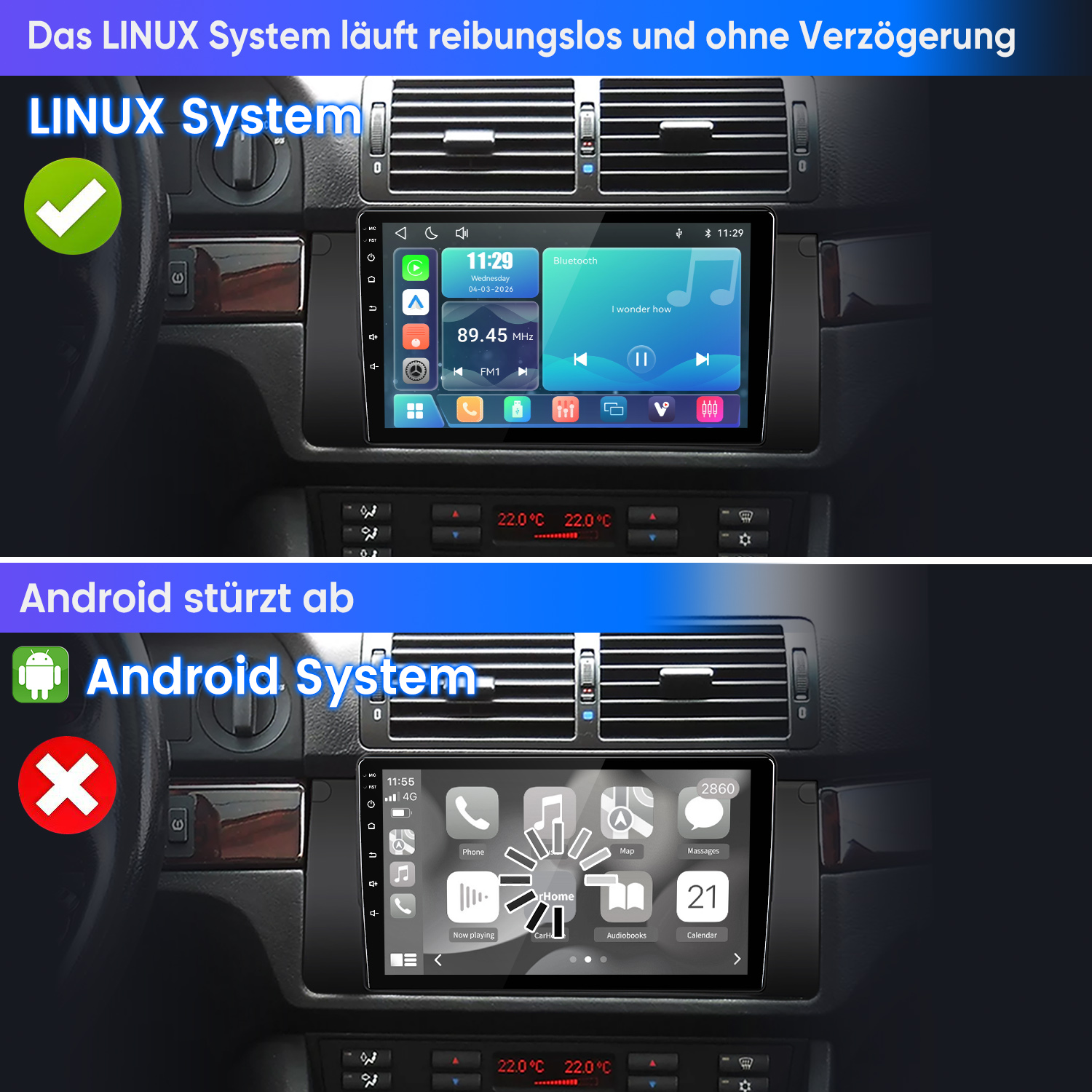 Vergleich zweier Autoradios: Ein Linux-System läuft reibungslos, während ein Android-System abstürzt.