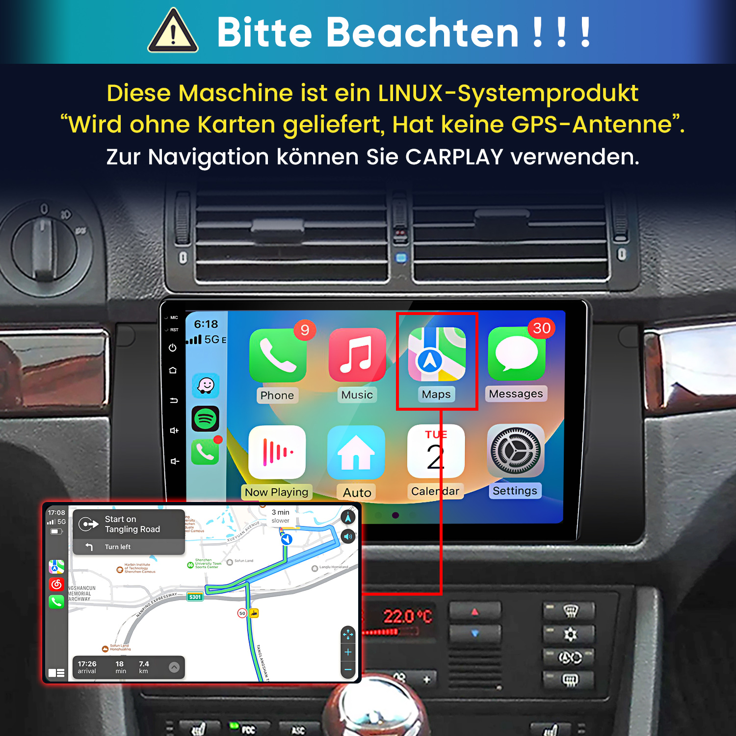 Linux-Autoradio im Armaturenbrett mit CarPlay-Bildschirm und deutscher Warnung.