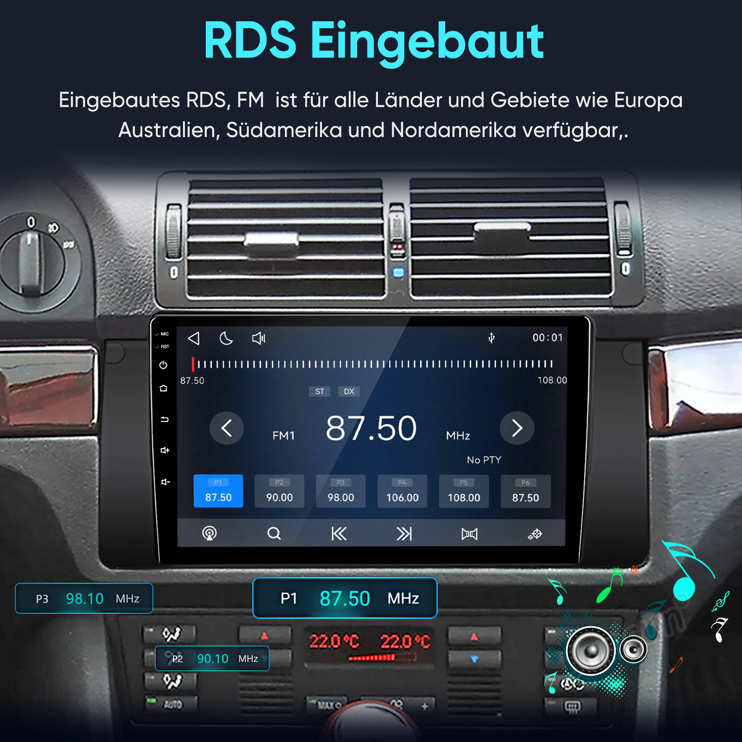 Ein Auto-Armaturenbrett mit einem digitalen Infotainment-Bildschirm, der eine FM-Radio-Schnittstelle zeigt.