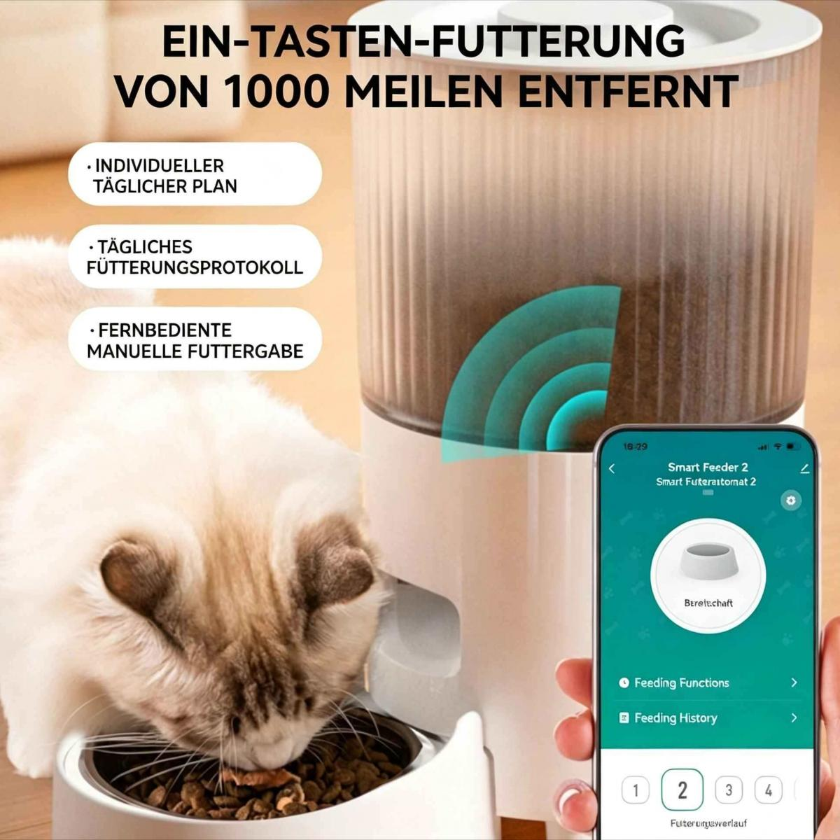 Eine Katze frisst aus einem automatischen Napf, der mit einer App gesteuert wird.
