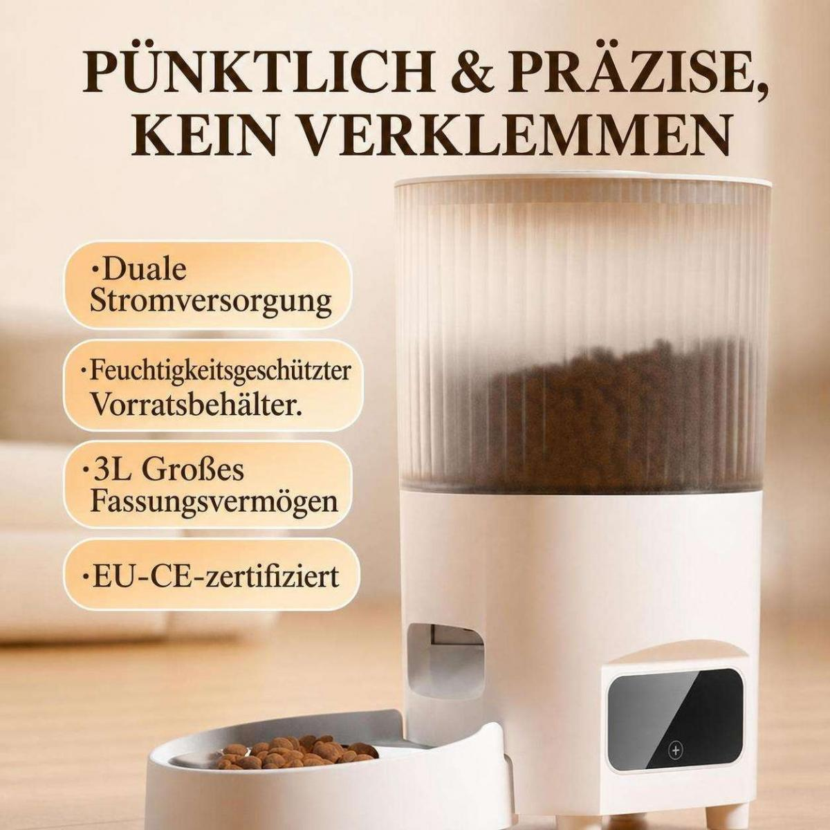 Automatischer Haustierfutterspender mit Merkmalen wie Dualer Stromversorgung und 3L Fassungsvermögen.