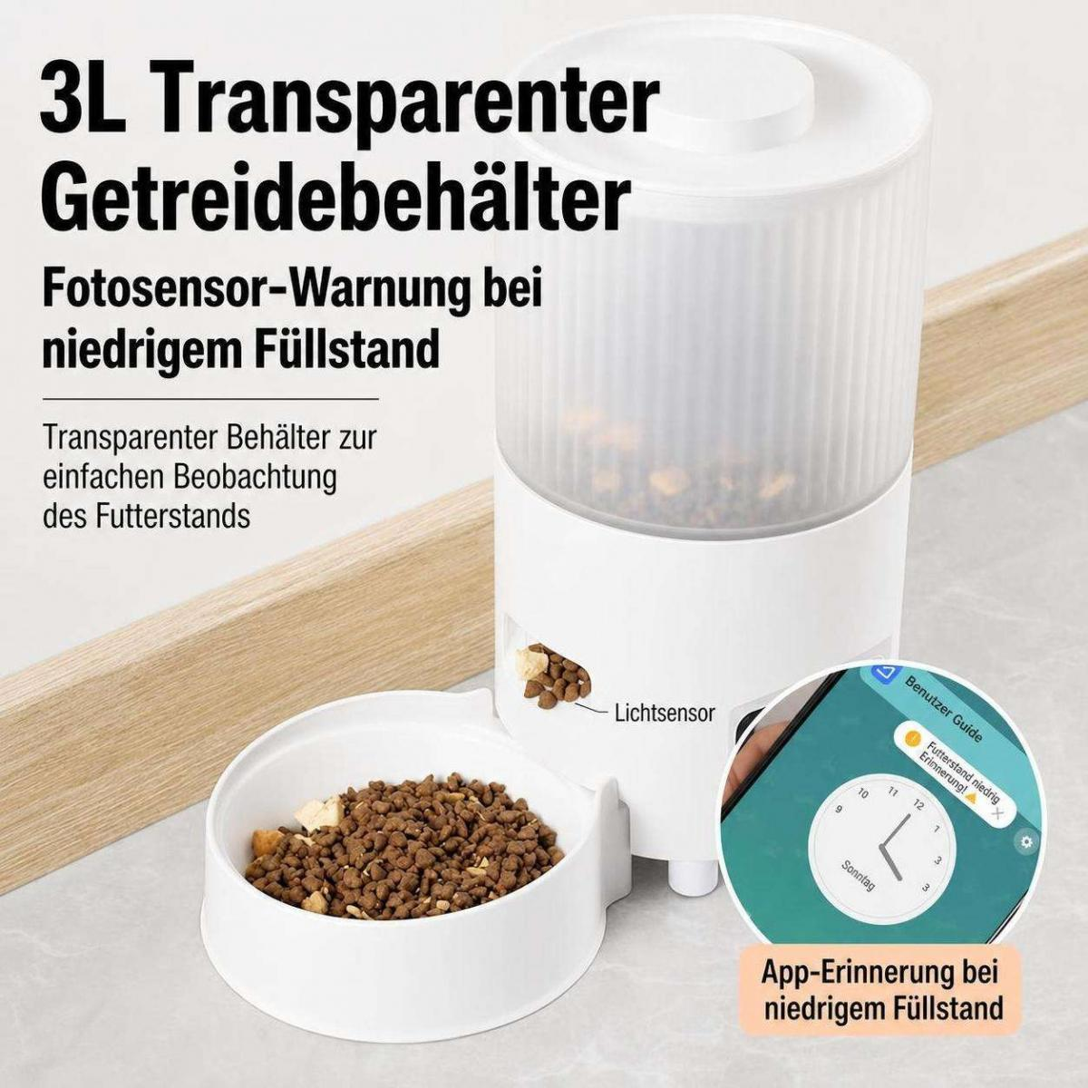 Weißer automatischer Tierfutterautomat mit 3L Getreidebehälter und App-Benachrichtigung bei niedrigem Füllstand.