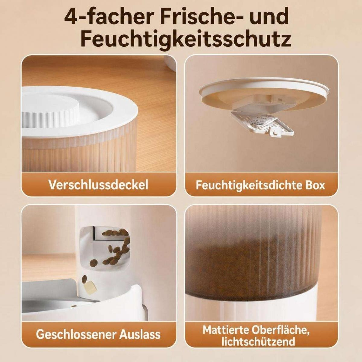 Vier Bilder zeigen Produktdetails eines Tierfutterautomaten mit Verschlussdeckel, Box, Auslass und mattierter Oberfläche.