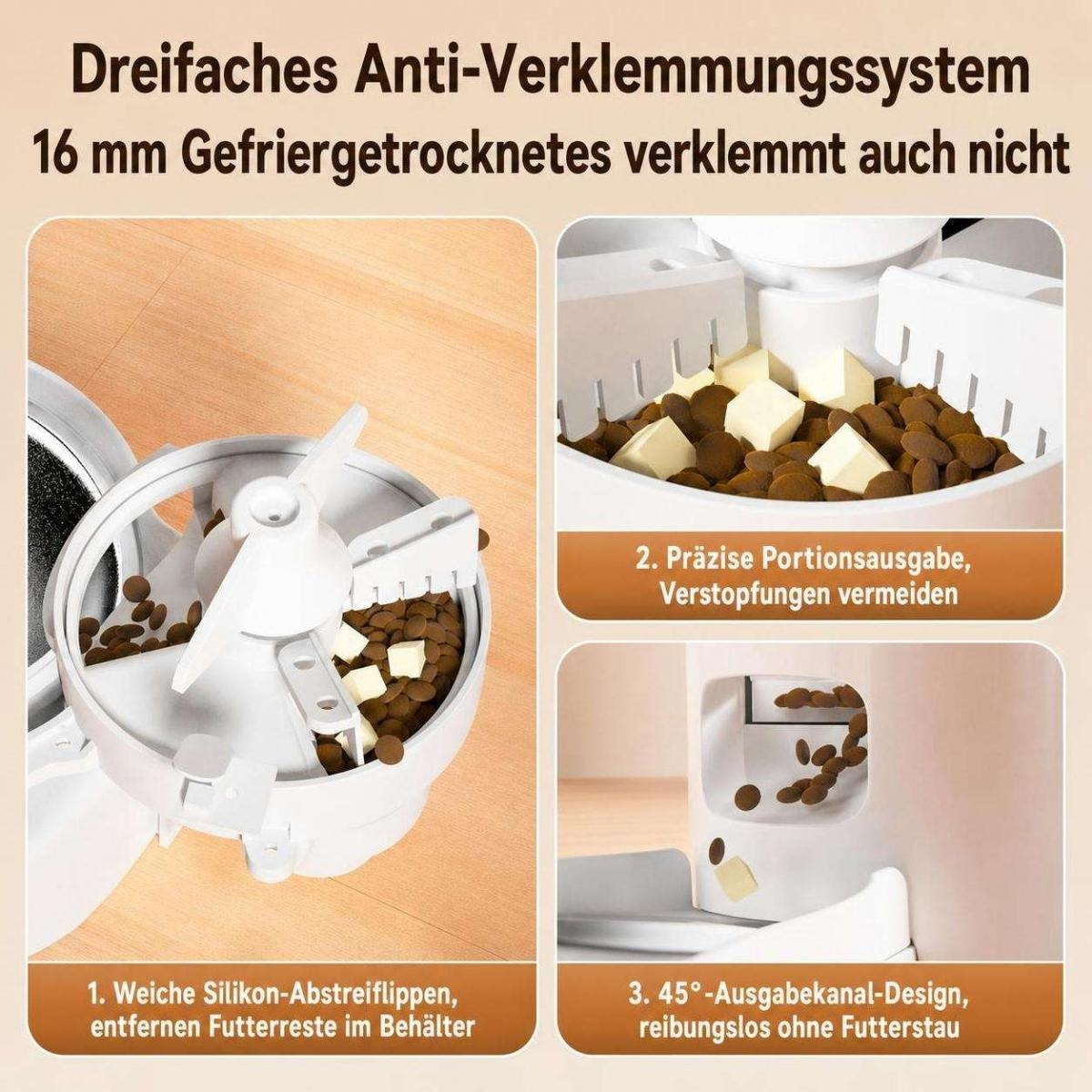 Produktgrafik zeigt drei Funktionen eines automatischen Haustierfressers mit Text und deutschen Erklärungen.