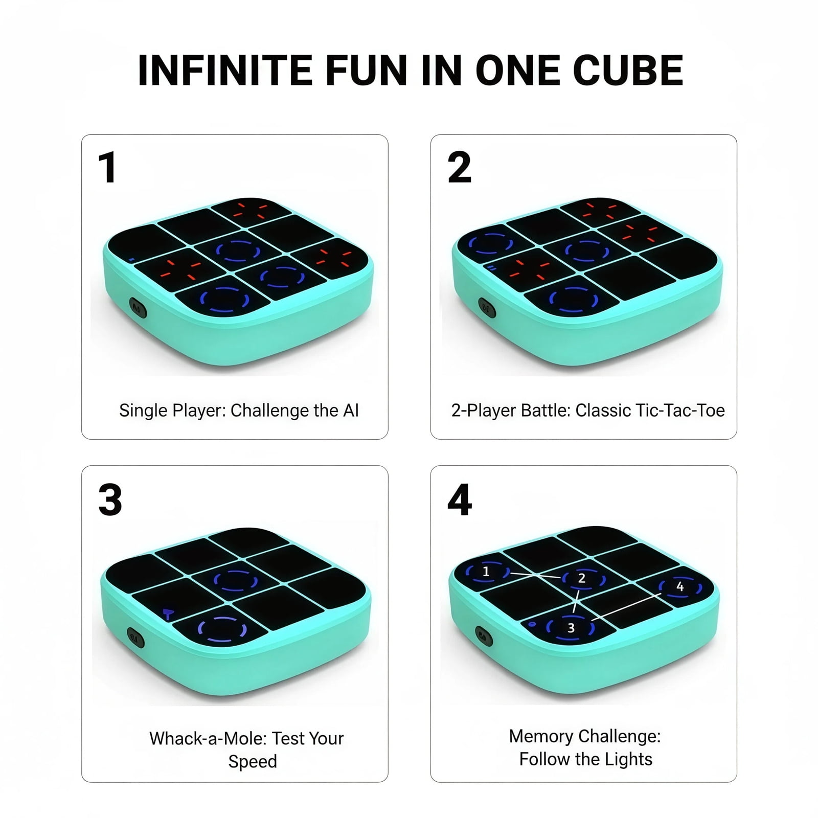 Vierquadratiges Spielzeug mit Lichtmodi für Einzelspieler, Tic-Tac-Toe, Whack-a-Mole und Gedächtnisspiele.