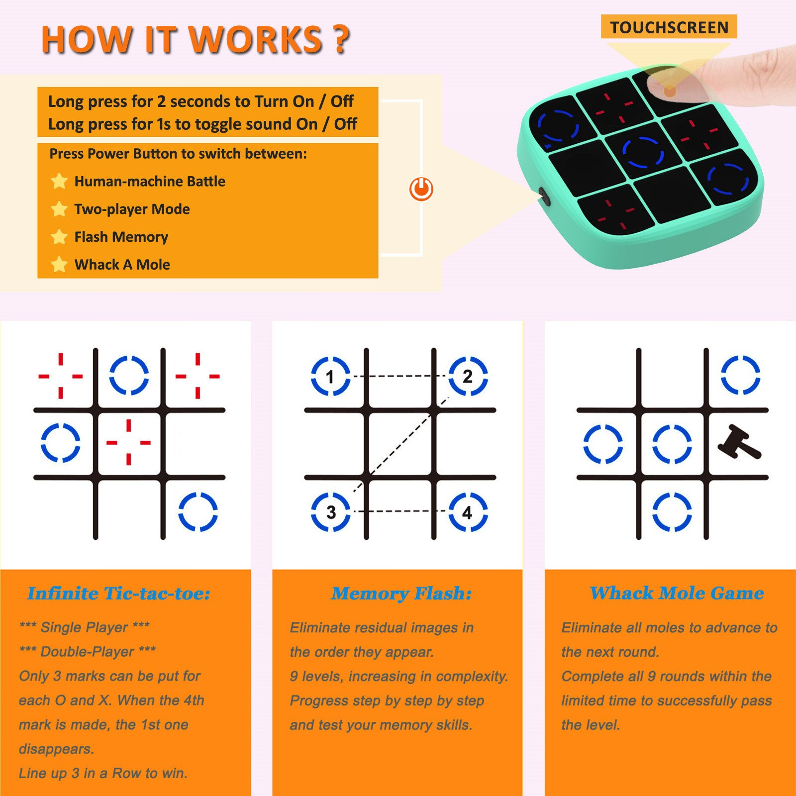 Anleitung für eine Handheld-Spielkonsole mit Funktionsweise und Spielmodi wie Tic-Tac-Toe und Gedächtnis.