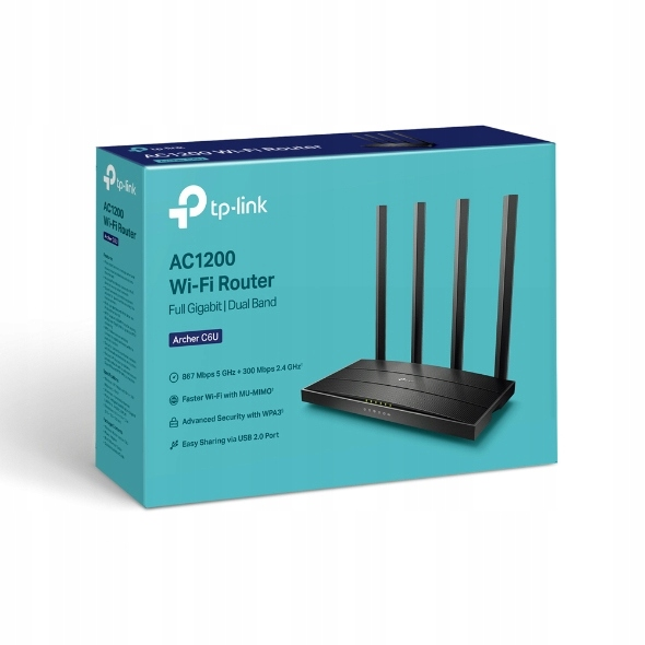 Czarny router Wi-Fi TP-Link AC1200 stoi obok turkusowo-niebieskiego pudełka.