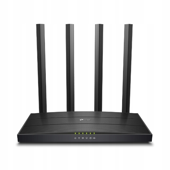 Czarny router Wi-Fi z czterema pionowymi antenami i zielonymi kontrolkami stanu z przodu.