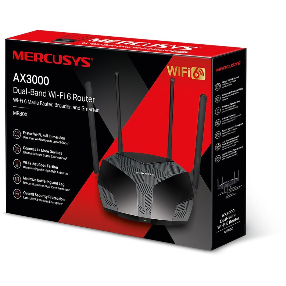 Dwupasmowy router Wi-Fi 6 Mercusys AX3000 w czarno-czerwonym opakowaniu z czterema antenami.