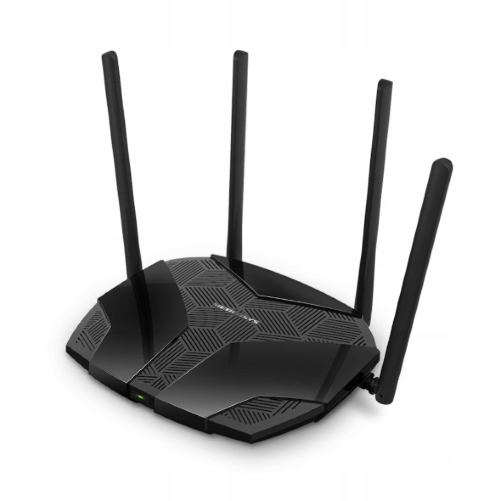 Czarny router bezprzewodowy z czterema antenami i geometrycznym wzorem na górze.