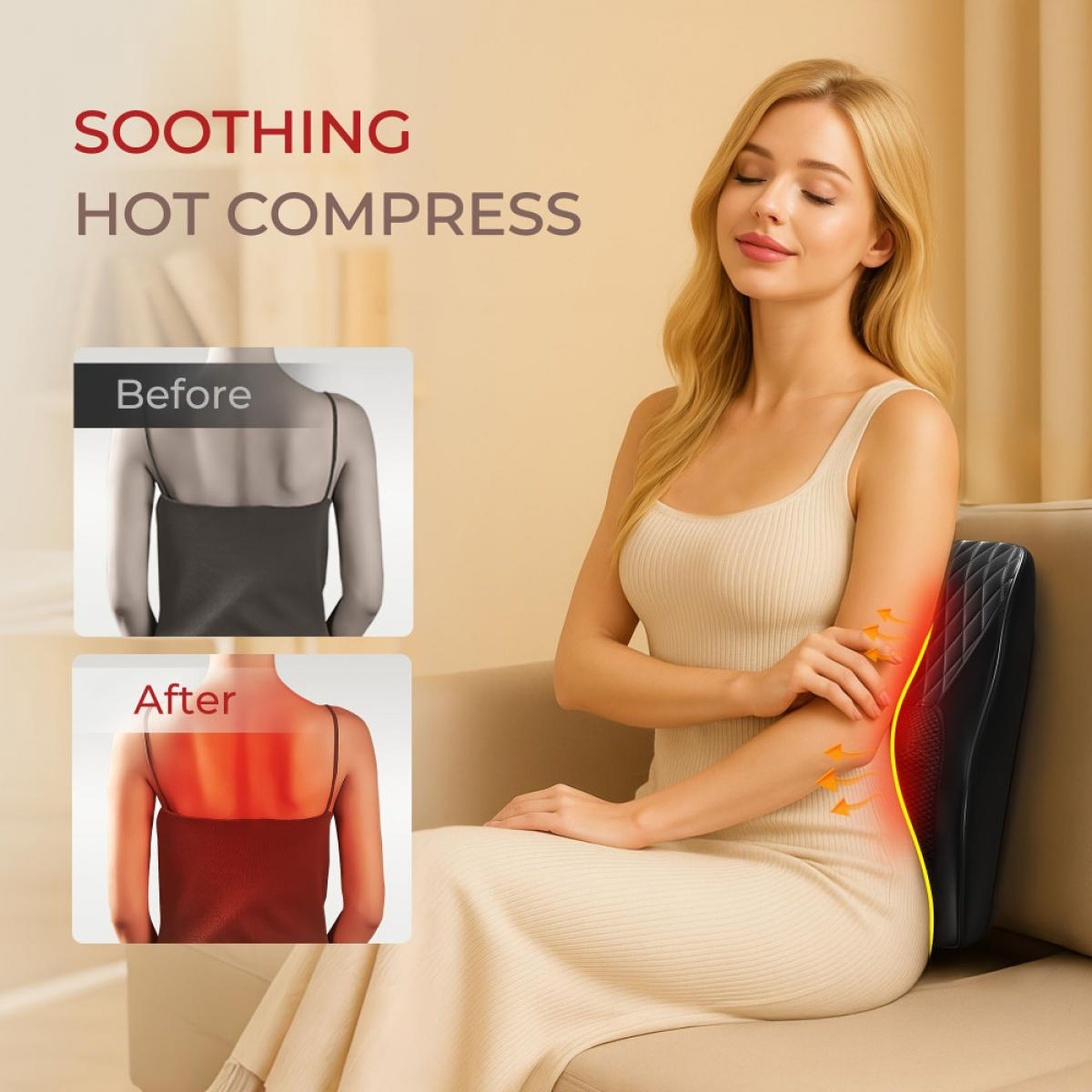 Eine Frau sitzt auf einem Sofa mit einem Heizkissen im Rücken, Text lautet Soothing Hot Compress.