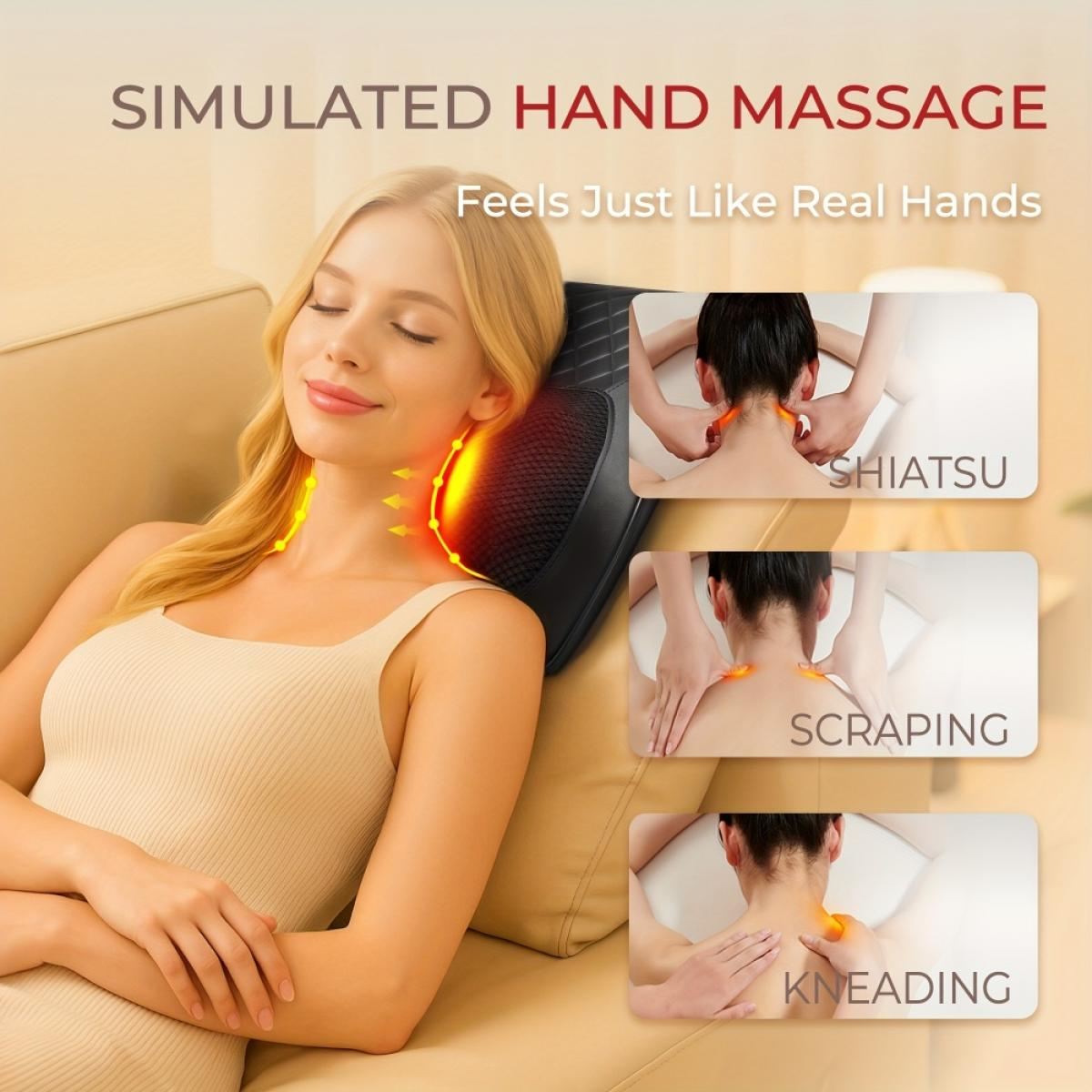 Frau genießt eine Nackenmassage mit einem Kissen, inset zeigen Shiatsu, Schaben und Kneten.