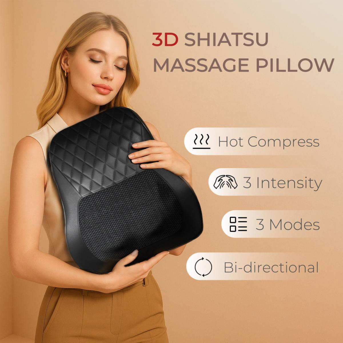 Eine Frau hält ein schwarzes 3D-Shiatsu-Massagekissen mit Texthinweisen zu Wärmekompresse, Intensität und Modi.