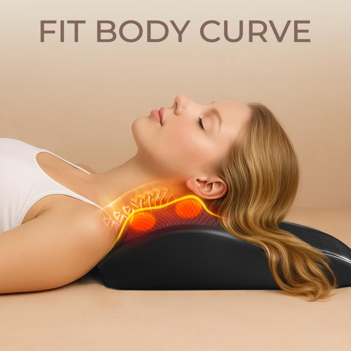 Eine Frau liegt auf einem ergonomischen Kissen, das den Nacken unterstützt, mit Grafik, die Wärme zeigt.