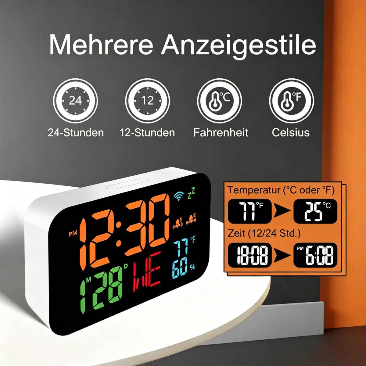 Digitaler Wecker auf weißem Tisch zeigt Uhrzeit, Temperatur und Symbole für verschiedene Anzeigestile.