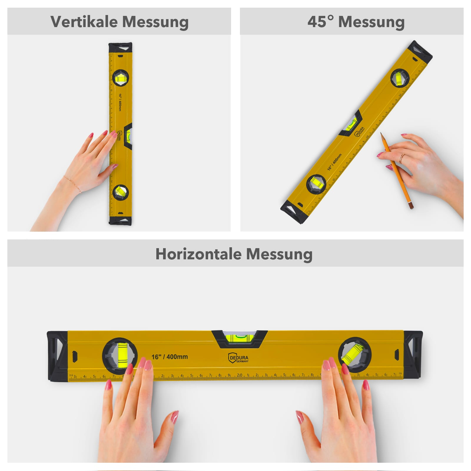 Drei Ansichten zeigen die Handhabung einer gelben Wasserwaage bei vertikaler, diagonaler und horizontaler Messung.