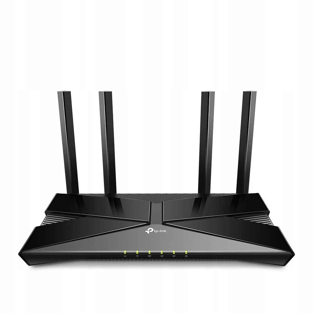 Czarny router TP-Link z czterema pionowymi antenami i zielonymi diodami LED.