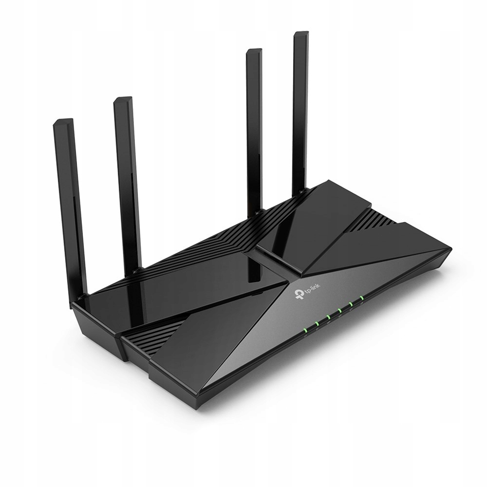 Czarny router Wi-Fi TP-Link z czterema pionowymi antenami i świecącymi na zielono kontrolkami na białym tle.