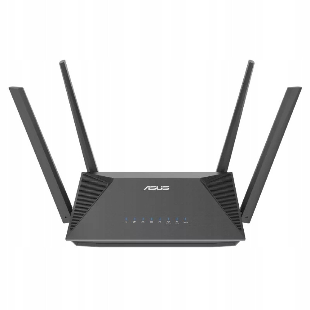 Czarny router Wi-Fi ASUS z czterema dużymi antenami zewnętrznymi i niebieskimi diodami LED z przodu.