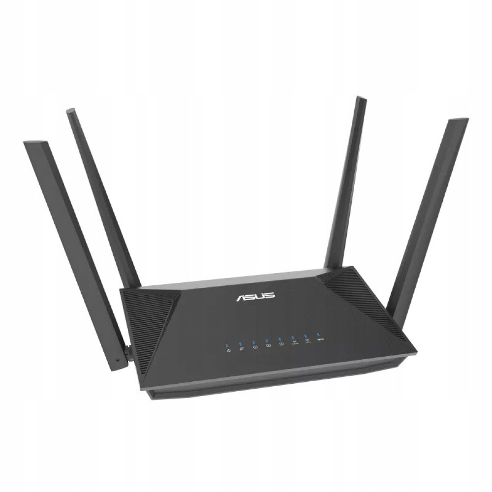 Czarny router bezprzewodowy Asus z czterema antenami i niebieskimi kontrolkami.
