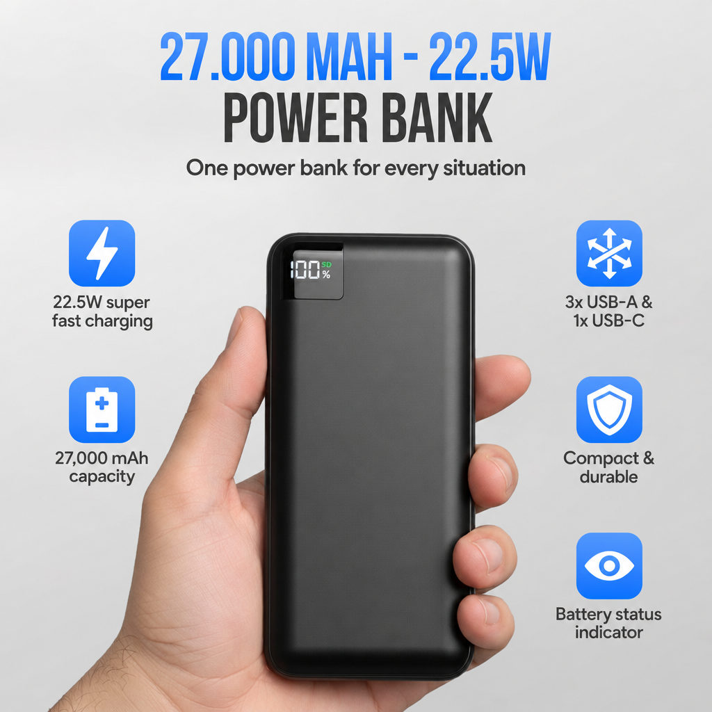 Eine Hand hält eine schwarze Powerbank mit digitaler Anzeige, umgeben von Produktdetails.