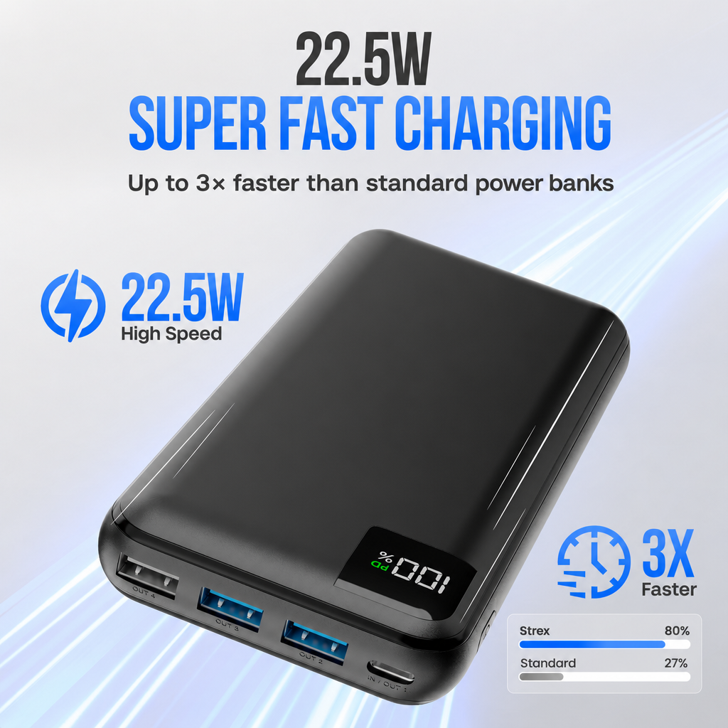 Schwarze Powerbank mit digitalem Display und USB-Anschlüssen vor einem weißen Hintergrund mit blauen Lichteffekten.
