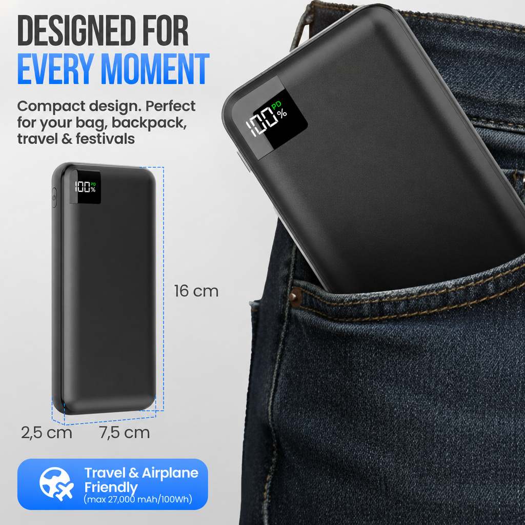 Schwarze Powerbank mit Display in einer Jeanstasche mit Maßen und Text.