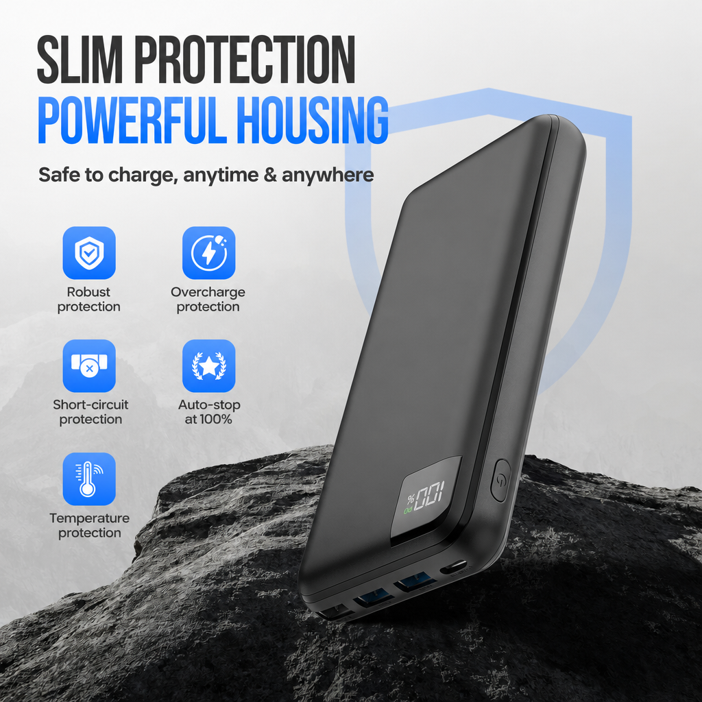 Schwarze Powerbank auf einem Felsen mit Schutzsymbolen und Text über Ladesicherheit.