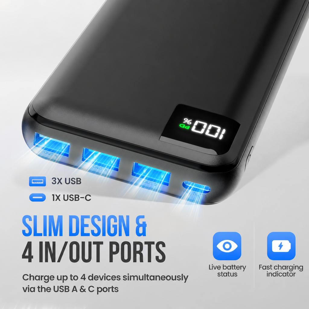 Schwarze Powerbank mit vier Anschlüssen und digitaler Prozentanzeige.