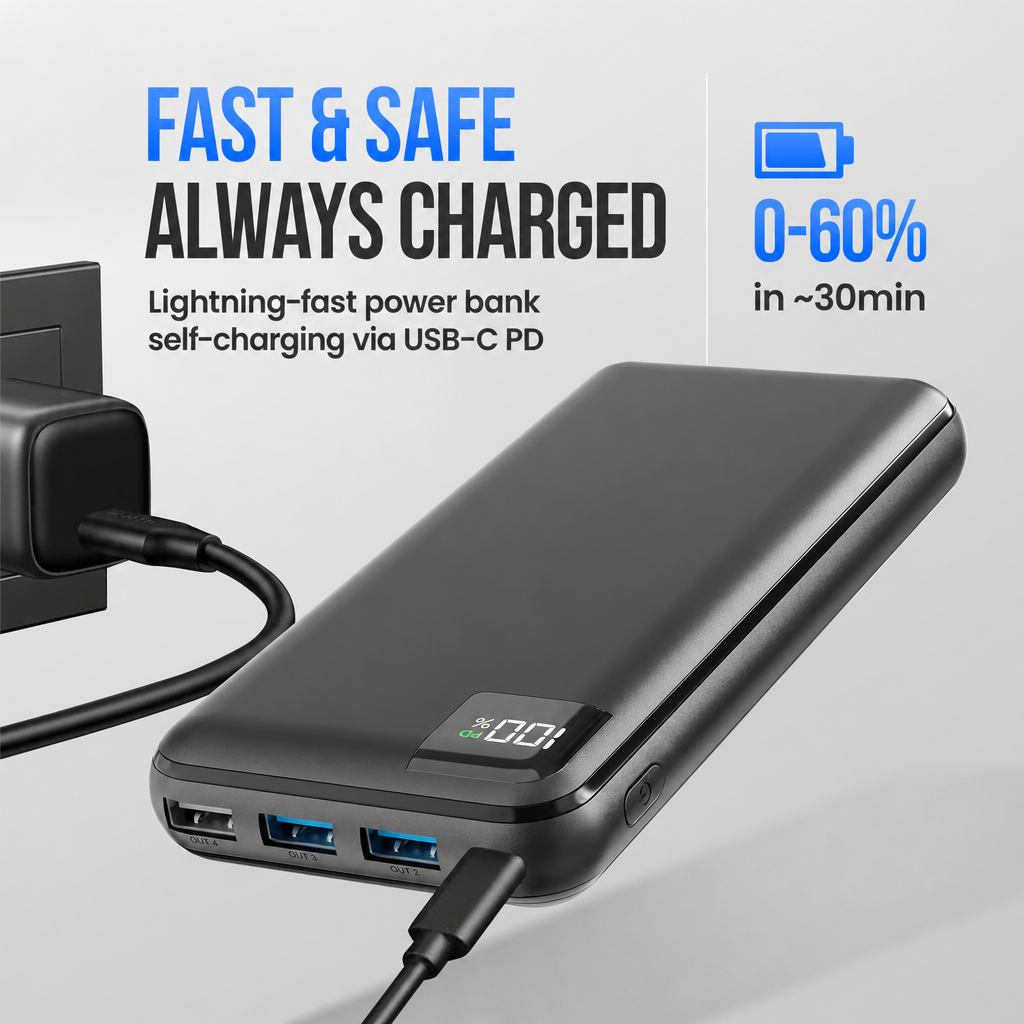 Schwarze Powerbank mit digitaler Anzeige, verbunden mit einem USB-C-Kabel an einer Steckdose.