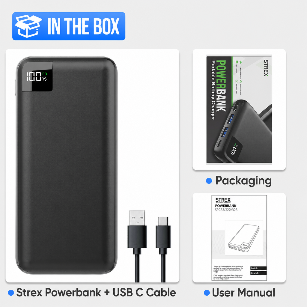Schwarze Strex Powerbank, ein USB-C-Kabel, Verpackung und Handbuch auf grauem Hintergrund.