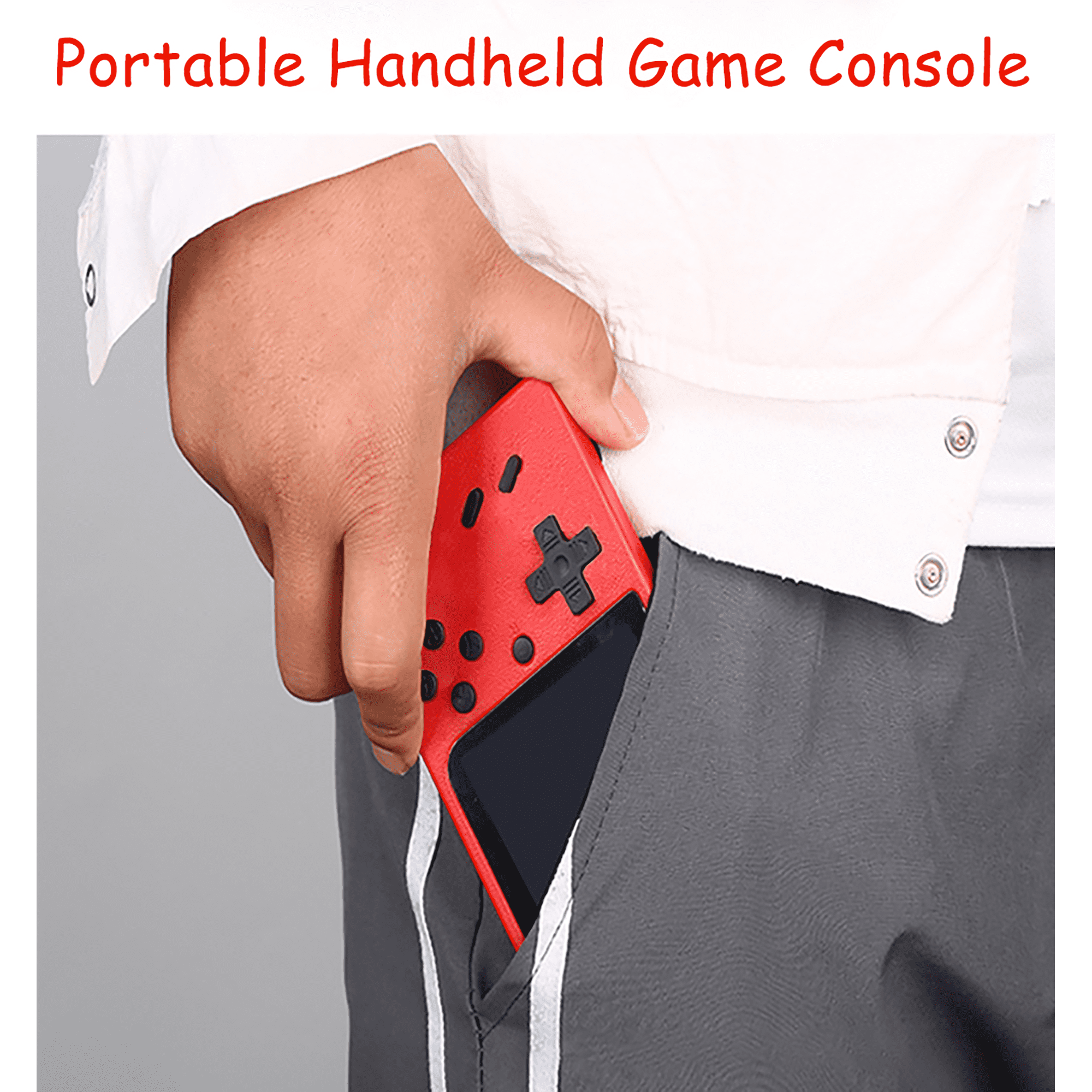 Eine Hand zieht eine rote Handheld-Spielekonsole aus einer grauen Hosentasche.