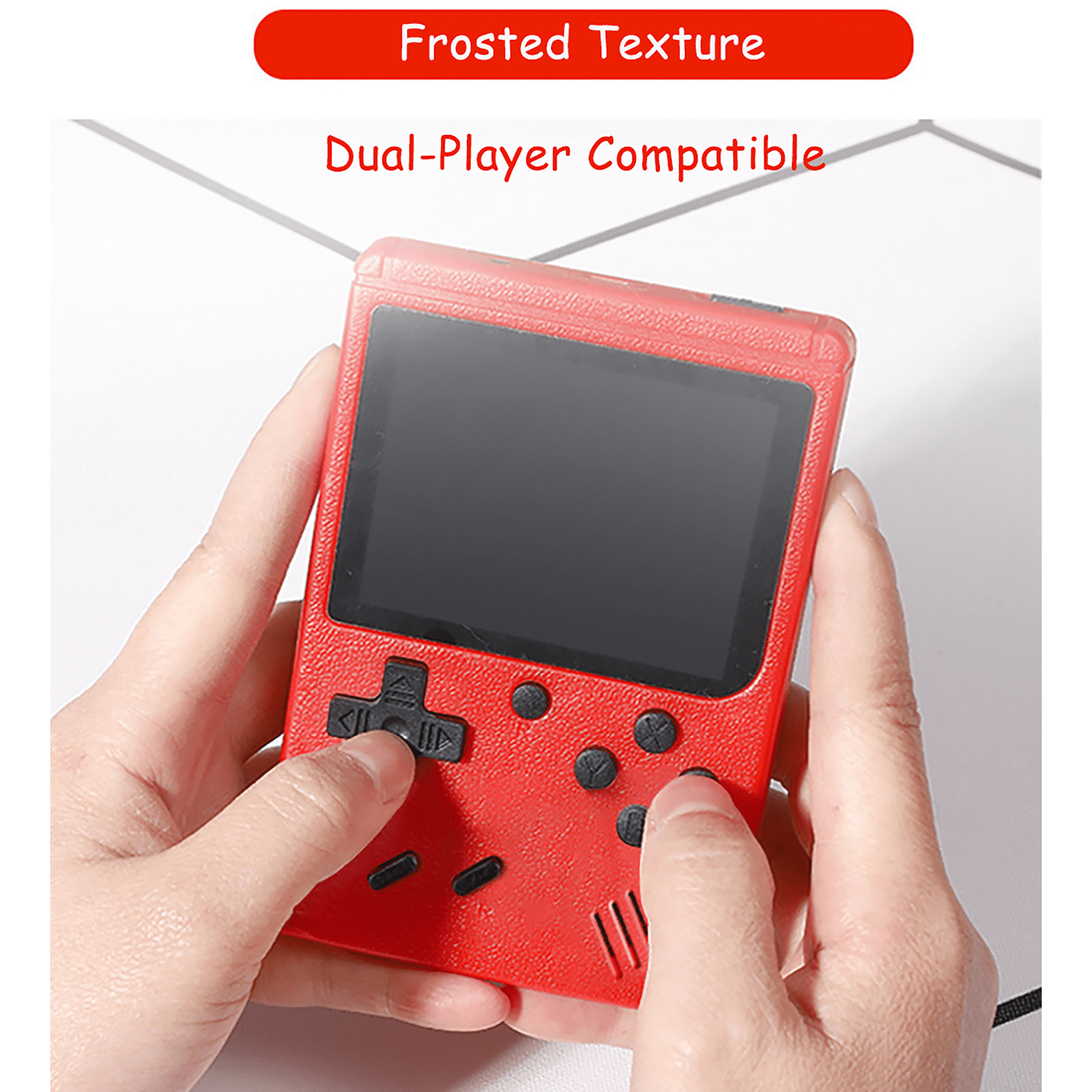 Person hält eine rote Handheld-Spielkonsole mit Tasten und Bildschirm.