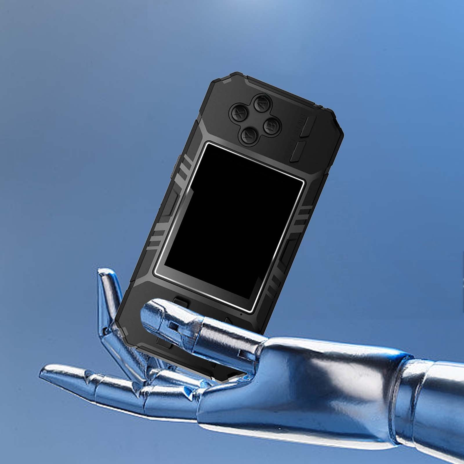 Eine chromfarbene Roboterhand hält eine schwarze Handheld-Spielkonsole vor einem blauen Hintergrund.
