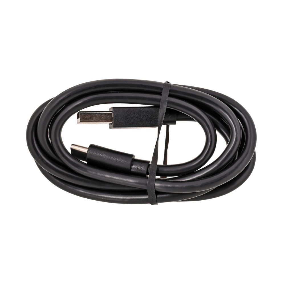Zwinięty czarny kabel USB-C na USB-A na białym tle.