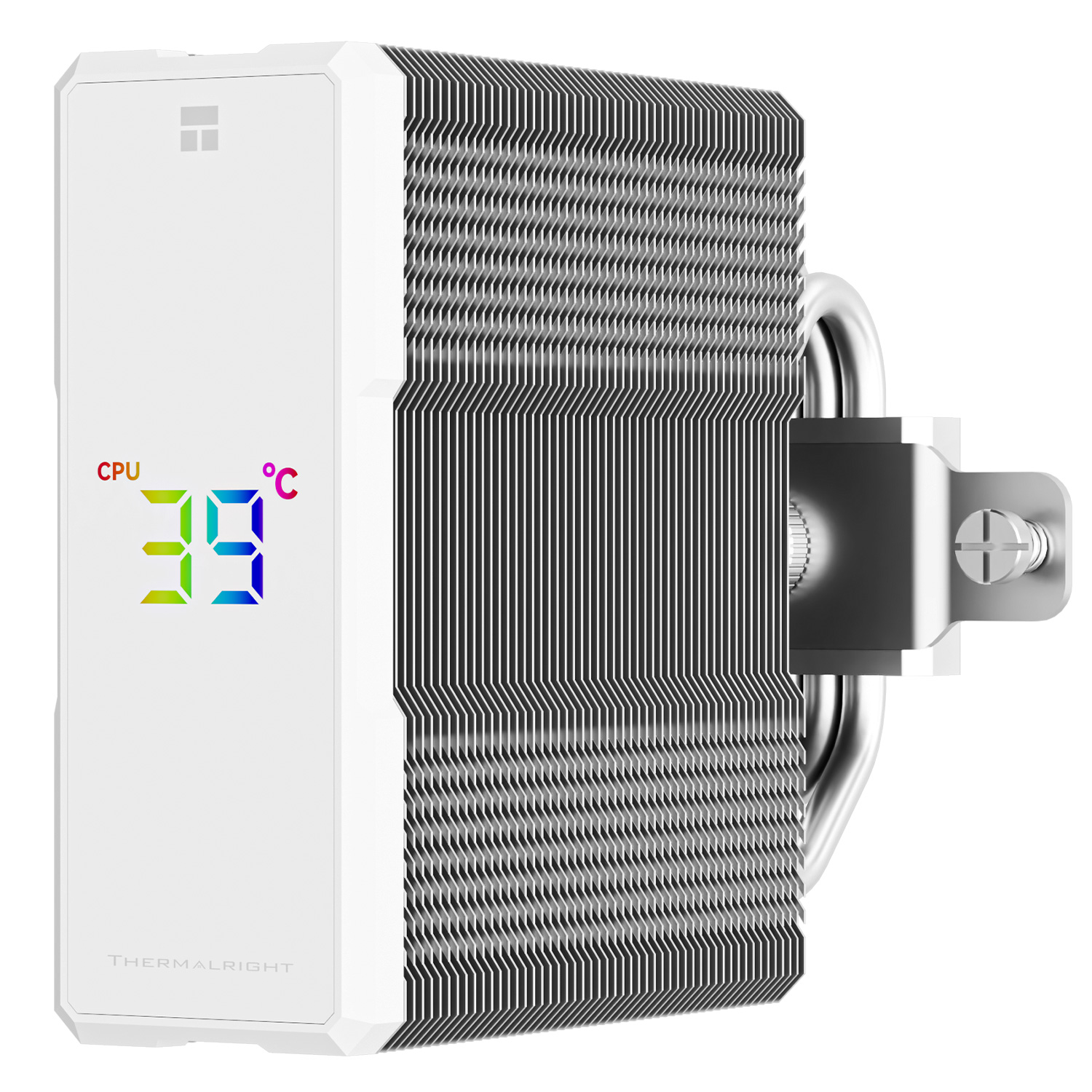 Dissipatore CPU bianco con alette metalliche, tubi di calore argentati e display che mostra 39 gradi.
