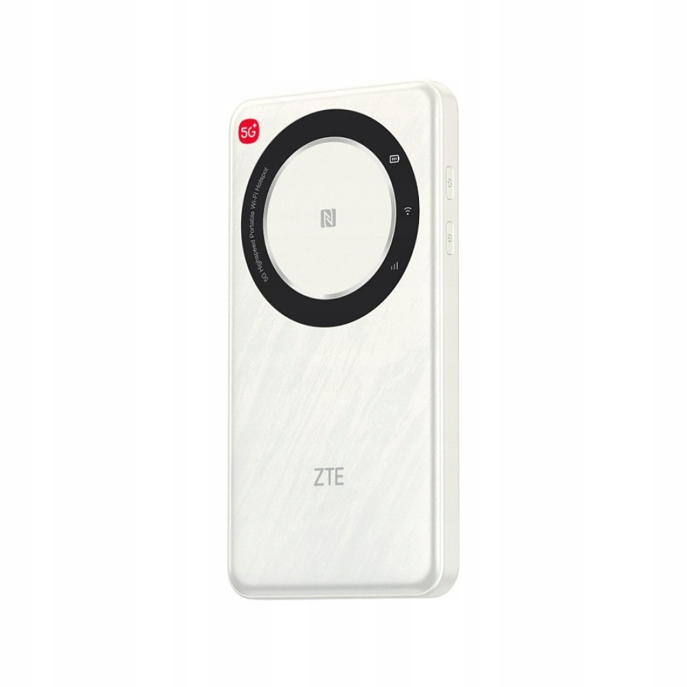 Un hotspot Wi-Fi portatile ZTE 5G bianco con un grande cerchio nero al centro.