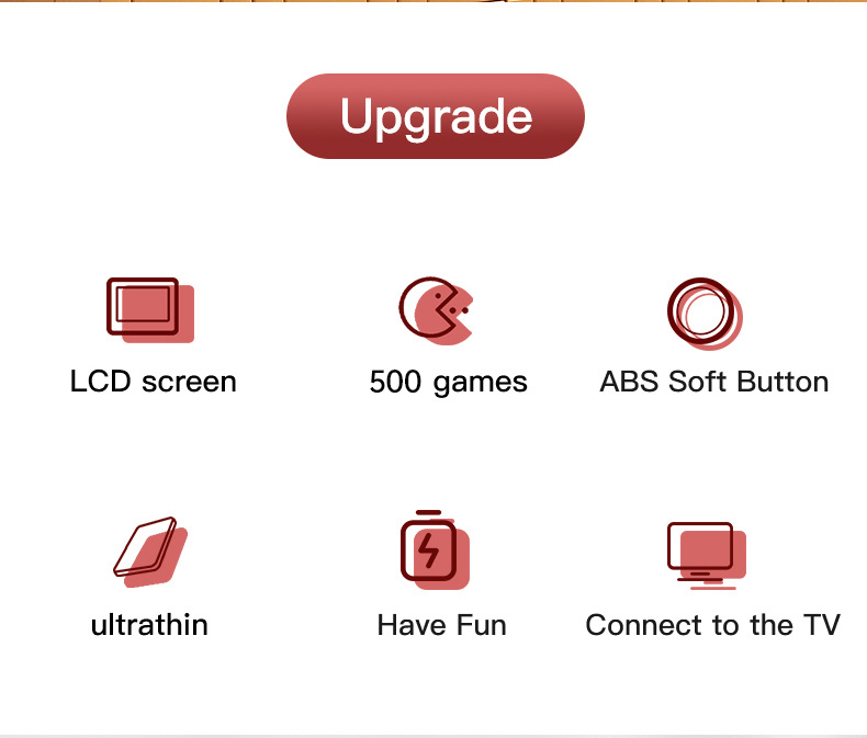 Eine Upgrade-Grafik mit sechs roten Icons für LCD-Bildschirm, 500 Spiele und TV-Anschluss.