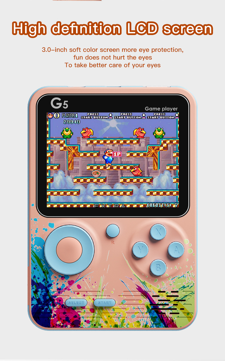 Rosa G5 Handheld-Spielekonsole mit farbigem LCD-Bildschirm und bunten Farbklecksen unten.