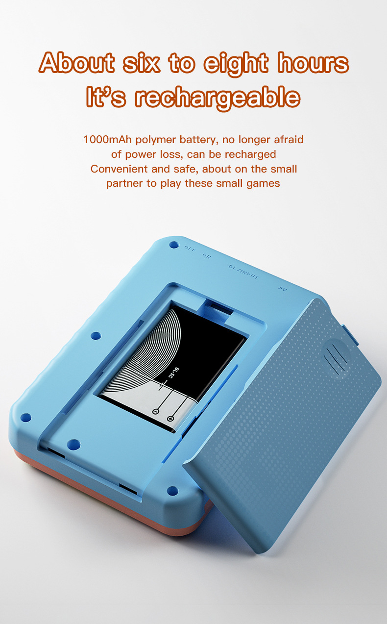 Eine blaue Handheld-Spielekonsole mit geöffnetem Batteriefach zeigt einen schwarzen Akku und englischen Text.