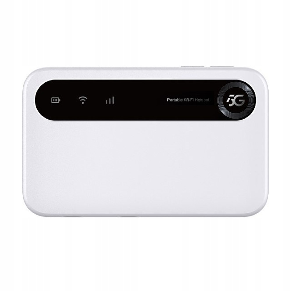 Ein weißer, tragbarer 5G WLAN-Hotspot mit einem schwarzen Display und Statussymbolen.