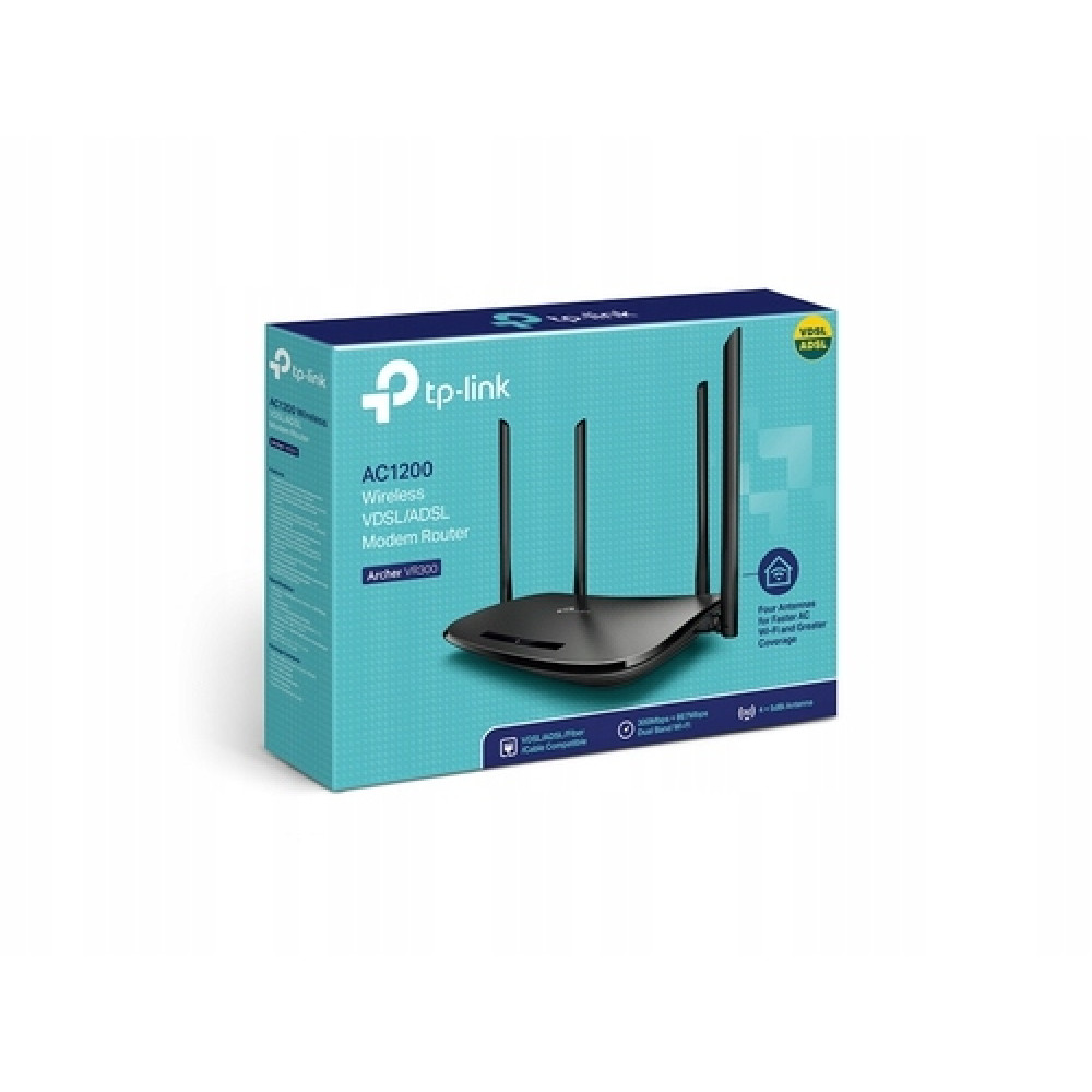 Bezprzewodowy router modemowy VDSL/ADSL TP-Link AC1200 w niebiesko-białym opakowaniu.